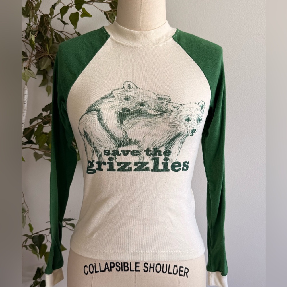 Urban Outfitters “Save The Grizzlies” Long Sleeve Green/Cream Tight Top